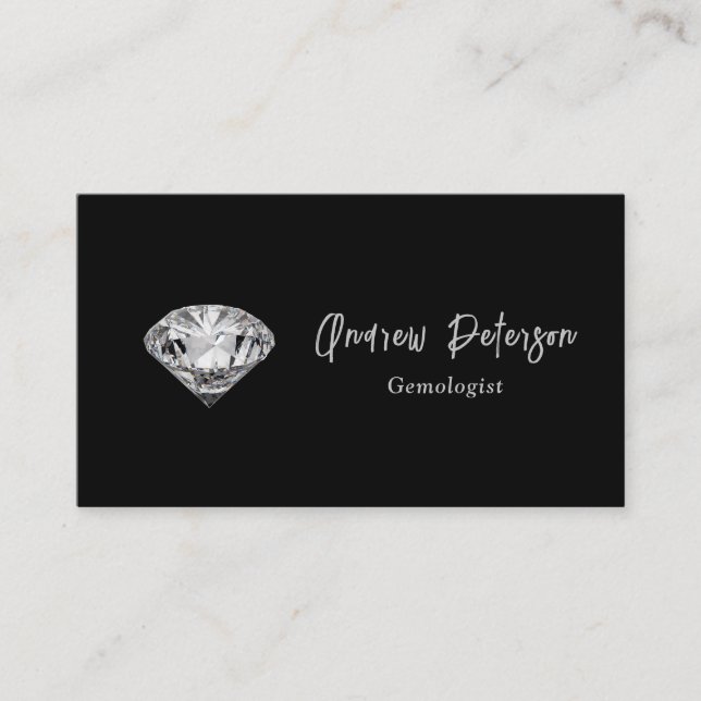 Diamond on black background with silver script business card (Front)