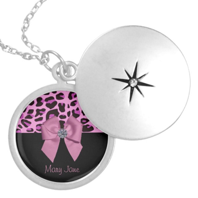 Diamond on Pink Bow Silver Plated Necklace (Front)