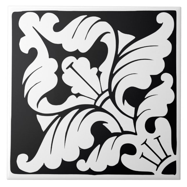 Diamond Orientation: Black and White Flourish Ceramic Tile (Front)