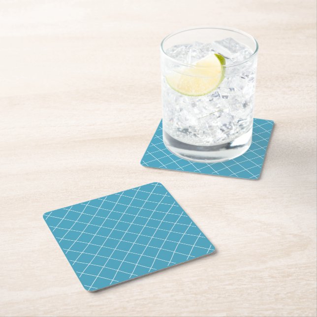 Diamond Pattern Aqua Square Paper Coaster (Insitu)