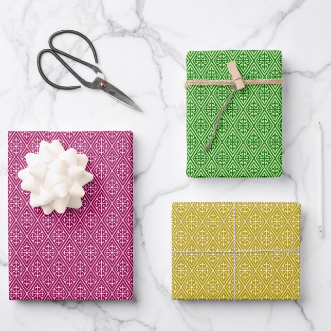 Diamond Pattern, Burgundy, Green and Gold  Wrapping Paper Sheets (Front)