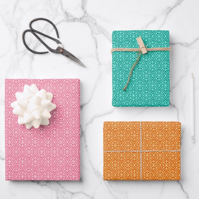 Diamond Pattern, Coral, Turquoise and Orange Wrapping Paper Sheets (Front)