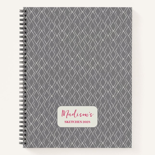 Diamond Pattern Dark Gray White Personalized Notebook (Front)