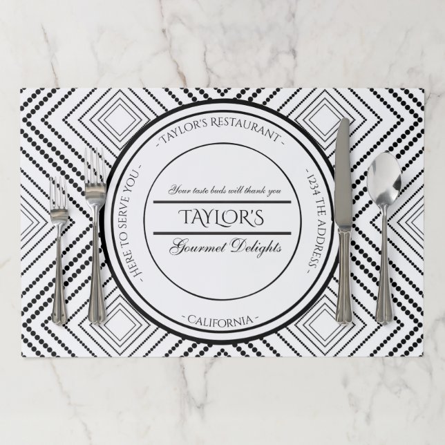 Diamond pattern personalized restaurant paper placemat (In Situ)