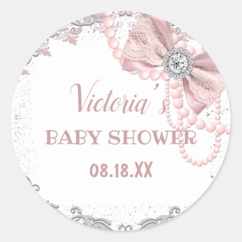 Diamond Pearl Blush Pink Girly Elegant Baby Shower Classic Round Sticker