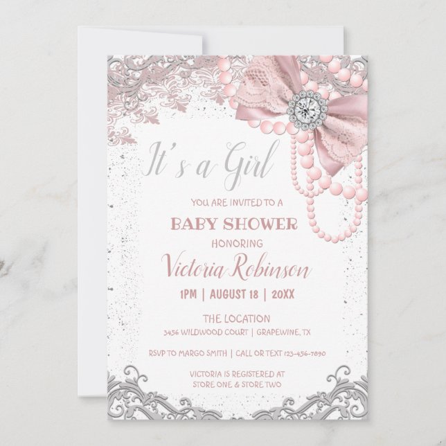 Diamond Pearl Blush Pink Girly Elegant Baby Shower Invitation (Front)