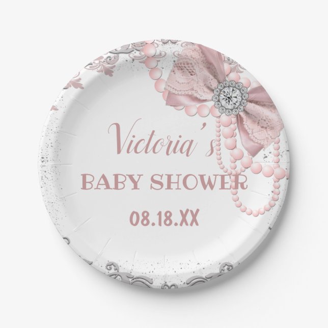 Diamond Pearl Blush Pink Girly Elegant Baby Shower Paper Plates (Front)