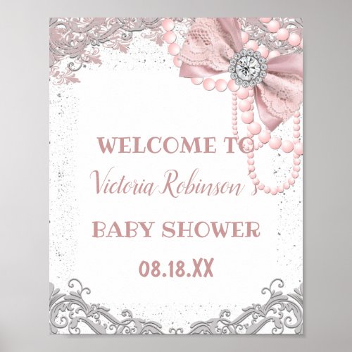 Diamond Pearl Blush Pink Girly Elegant Baby Shower Poster