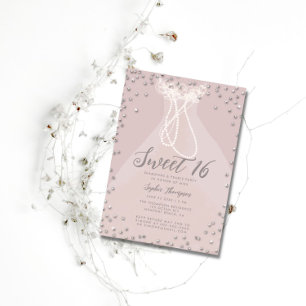 Diamond Pearl Princess Ruffle Dress Sweet 16 Party Invitation