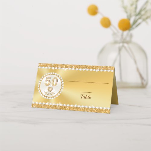 Diamond Pearls 50th Anniversary Gold Place Cards