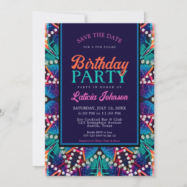 Diamond Pearls Aqua Blue Boho Vibe Birthday Party Invitation (Front)