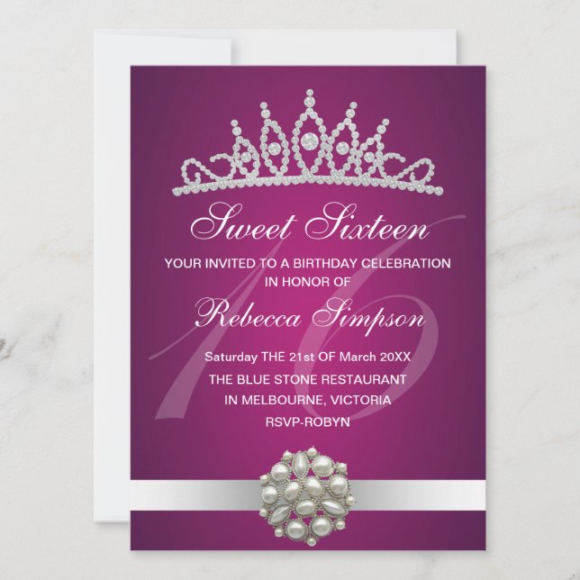 Diamond & Pearls Pink Tiara Birthday Invitation (Front)