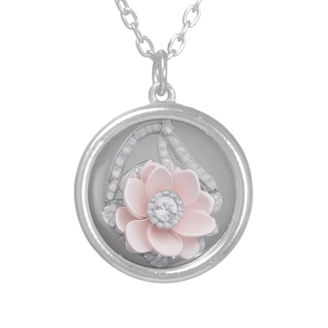 DIAMOND & PEONY SILVER PLATED NECKLACE (Front)