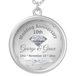 Diamond Personalized 10th Anniversary Gift to Wife Silver Plated Necklace