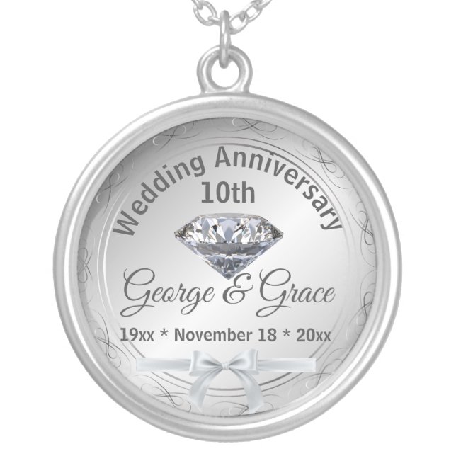 Diamond Personalized 10th Anniversary Gift to Wife Silver Plated Necklace (Front)