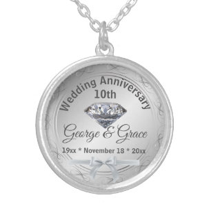 Diamond Personalized 10th Anniversary Gift to Wife Silver Plated Necklace