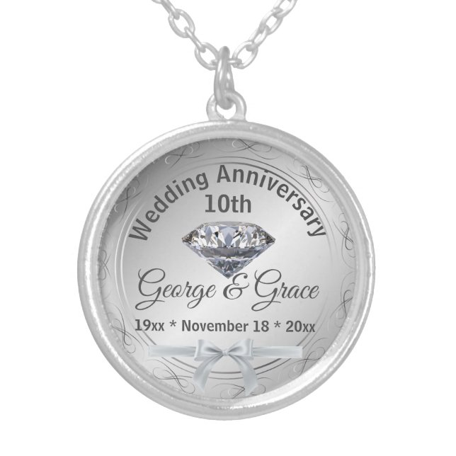 Diamond Personalized 10th Anniversary Gift to Wife Silver Plated Necklace (Front)