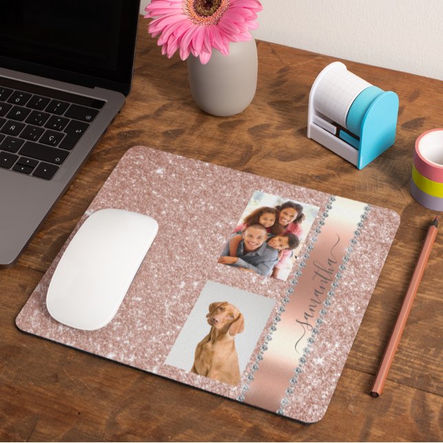 Diamond Photo Faux Glitter Name Monogram Rose Gold Mouse Pad (Creator Uploaded)