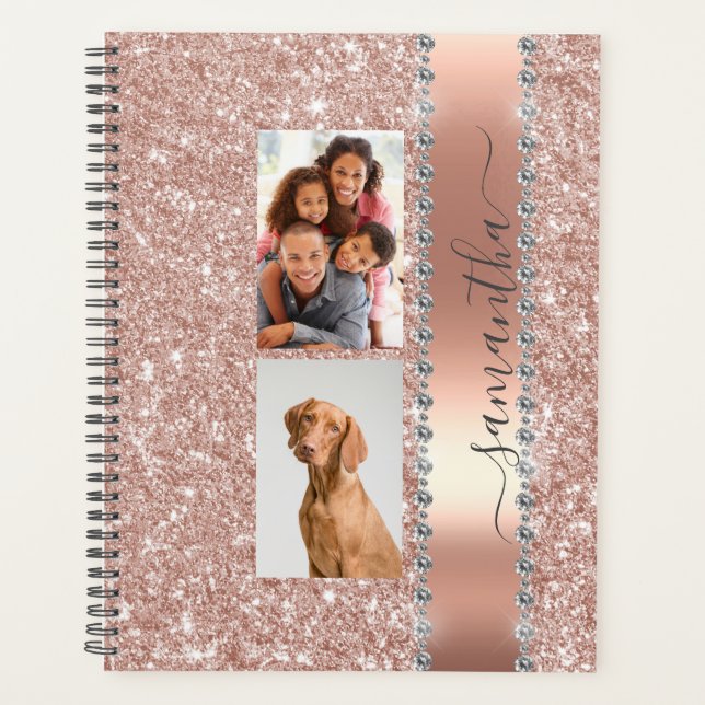 Diamond Photo Glitter Name Monogram Rose Gold Planner (Front)
