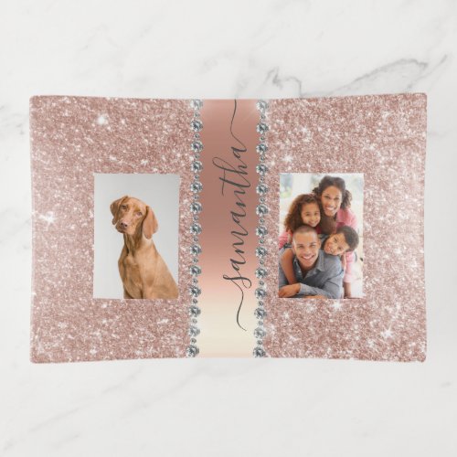 Diamond Photo Glitter Name Monogram Rose Gold Trinket Tray