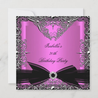 Diamond Pink Black Bow Silver Birthday Party Invitation