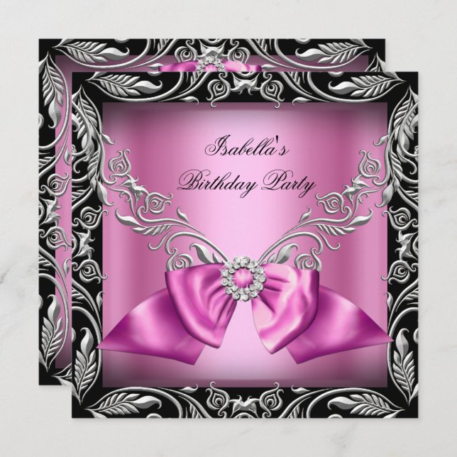 Diamond Pink Bow Silver Black Birthday Party Invitation (Front/Back)