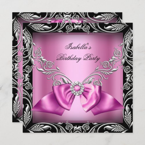 Diamond Pink Bow Silver Black Birthday Party Invitation