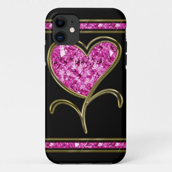 Diamond Pink & Gold Heart Flower Iphone 11 Case by StarStruckDezigns at Zazzle