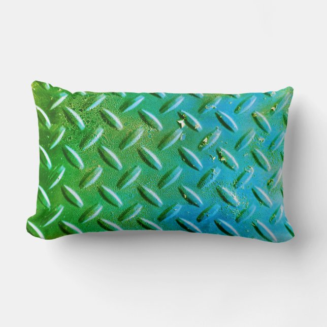 Diamond Plate Steel Green and Blue Lumbar Pillow (Front)
