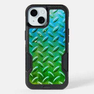 Diamond Plate Steel Green and Blue iPhone 15 Case