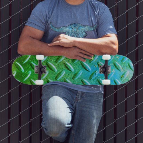 Diamond Plate Steel Green and Blue Skateboard Deck
