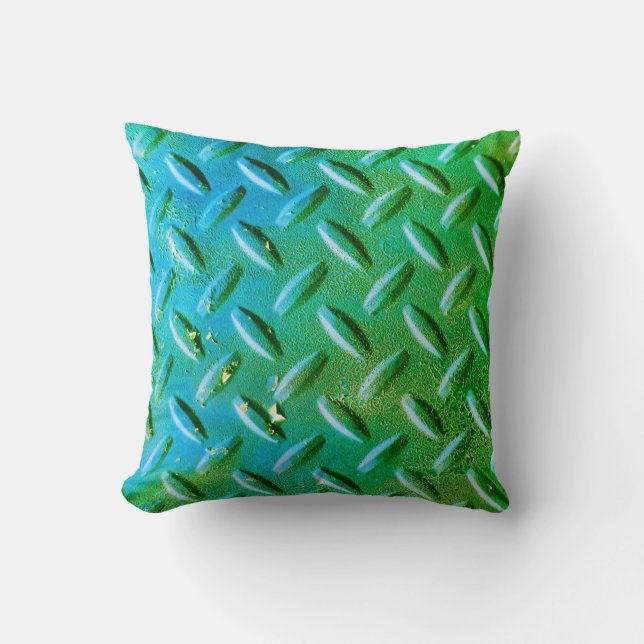 Diamond Plate Steel Green and Blue Throw Pillow (Front)