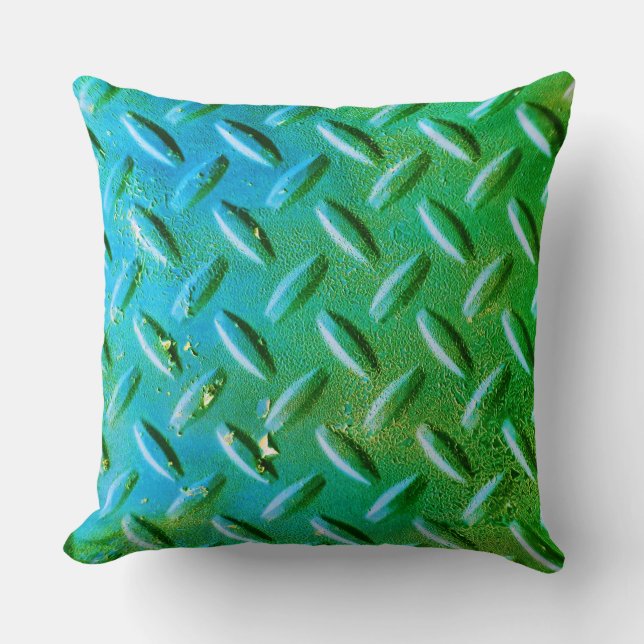 Diamond Plate Steel Green and Blue Throw Pillow (Front)