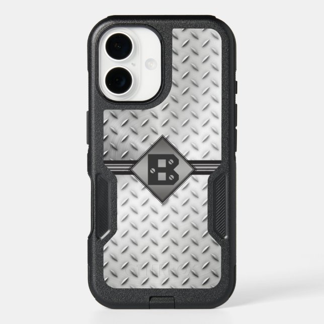 Diamond Plate Steel, Monogrammed Otterbox iPhone Case (Back)