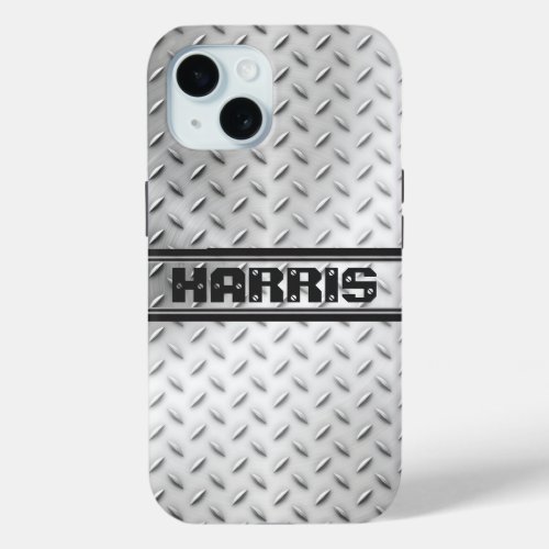 Diamond Plate Steel with Name iPhone 15 Case