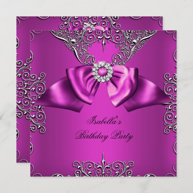 Diamond Plum Pink Bow Silver Elegant Birthday Invitation (Front/Back)