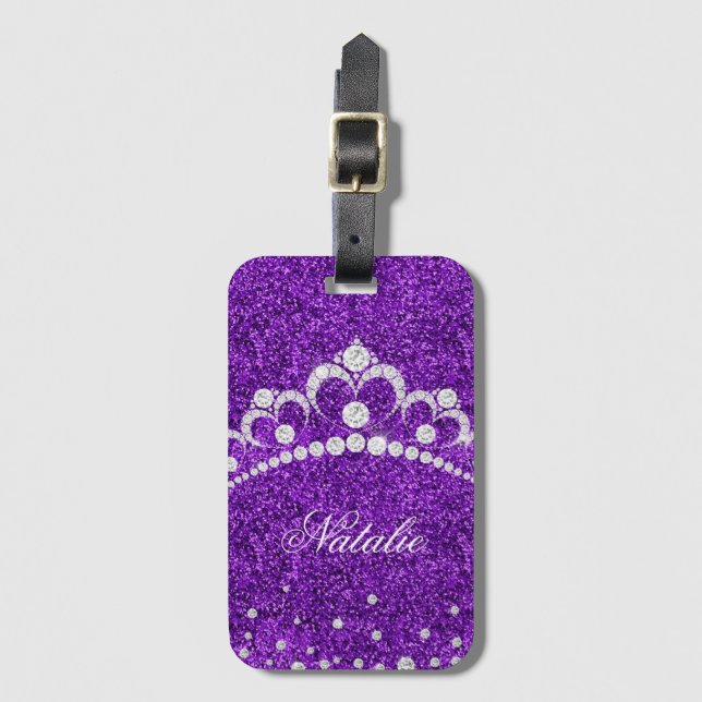 Diamond Princess Crown Purple Glitter Personalized Luggage Tag (Front Vertical)