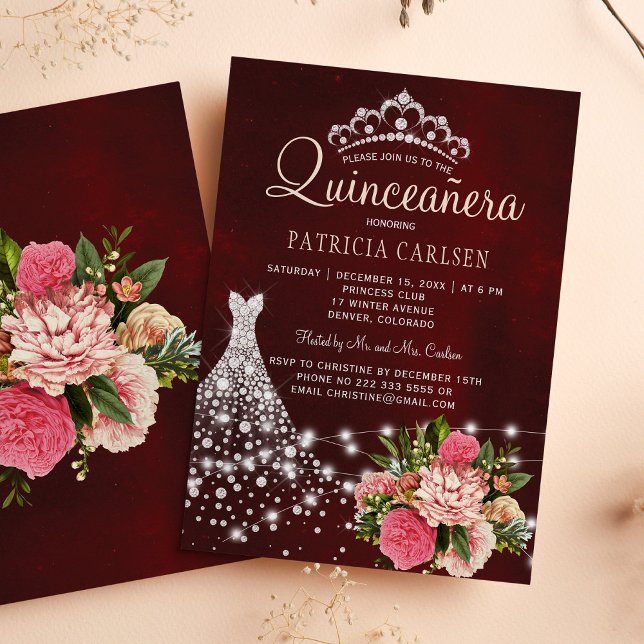 Diamond princess dress burgundy chic quinceanera invitation (Creator Uploaded)