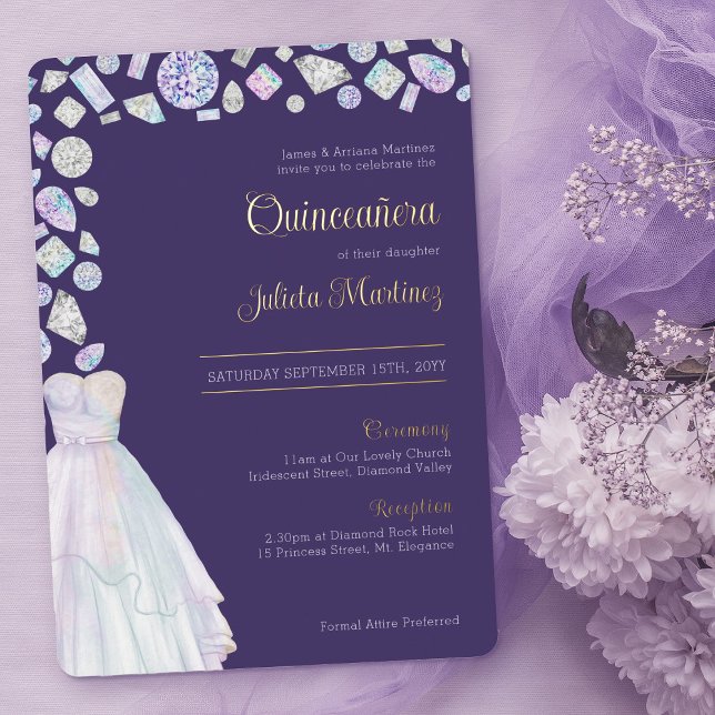 Diamond Princess Purple Quinceanera and Mass Foil Invitation (Purple Quinceanera Invitation with luxury gold foil lettering)