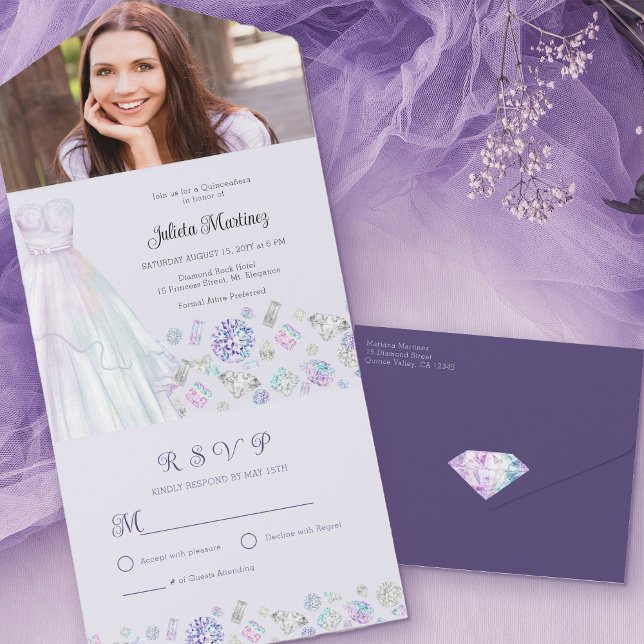 Diamond Princess Purple Quinceanera with RSVP All In One Invitation (Diamond Princess Quinceanera invitation with your custom photo and tear away rsvp)