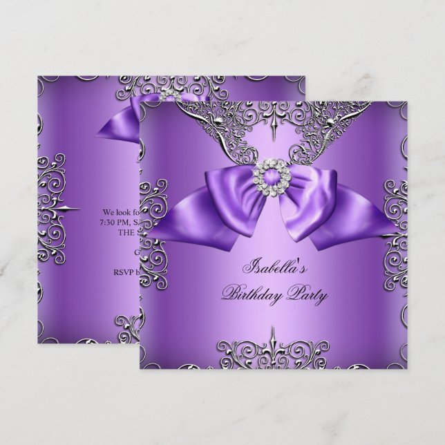 Diamond Purple Bow Silver Elegant Birthday Party 2 Invitation (Front/Back)