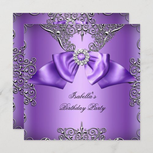 Diamond Purple Bow Silver Elegant Birthday Party 2 Invitation
