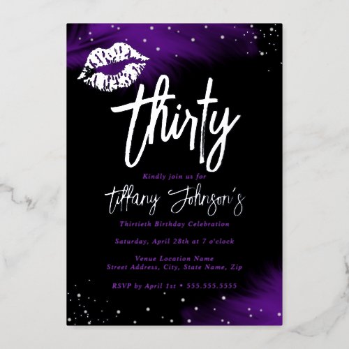 Diamond Purple Silver Kiss 30th Birthday  Foil Invitation