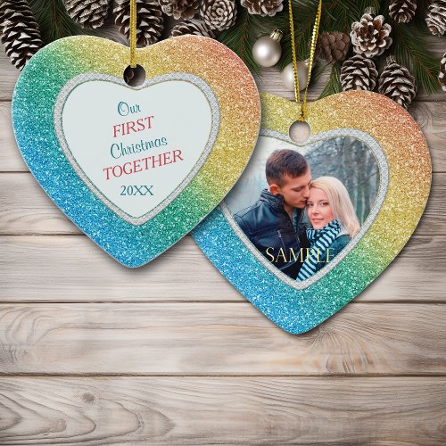 Diamond Rainbow Glitter Photo First Christmas Ceramic Ornament