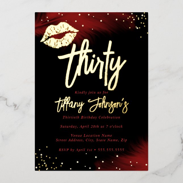 Diamond Red Gold Kiss 30th Birthday Foil Invitation (Front)