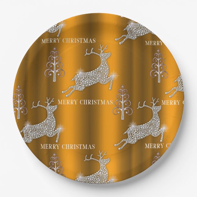 Diamond Reindeer and Shiny Gold Christmas Paper Plates (Front)