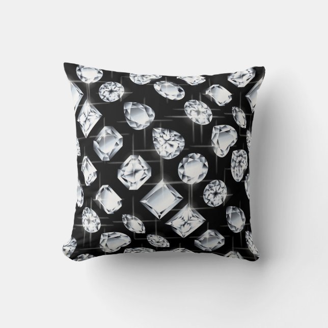 Diamond rhinestone jewel gemstone on black bling throw pillow (Front)