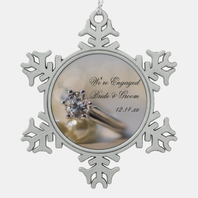 Diamond Ring and Pearls Engagement Snowflake Pewter Christmas Ornament (Front)