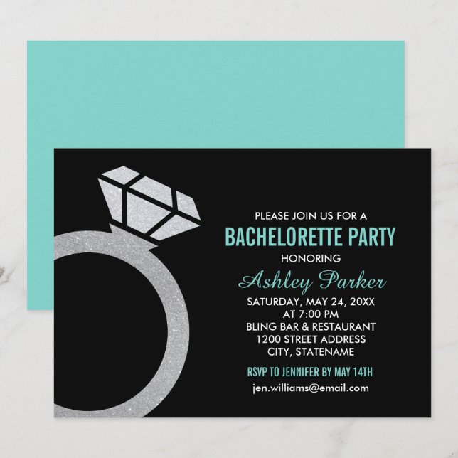 Diamond Ring Aqua Wedding Bachelorette Party Invitation (Front/Back)