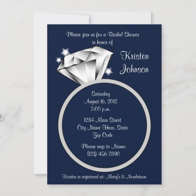 Diamond Ring Bridal Shower Invitation Navy Blue (Front)